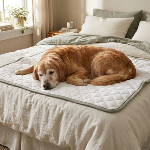 A senior dog asleep on the BESIDE layer on a made bed