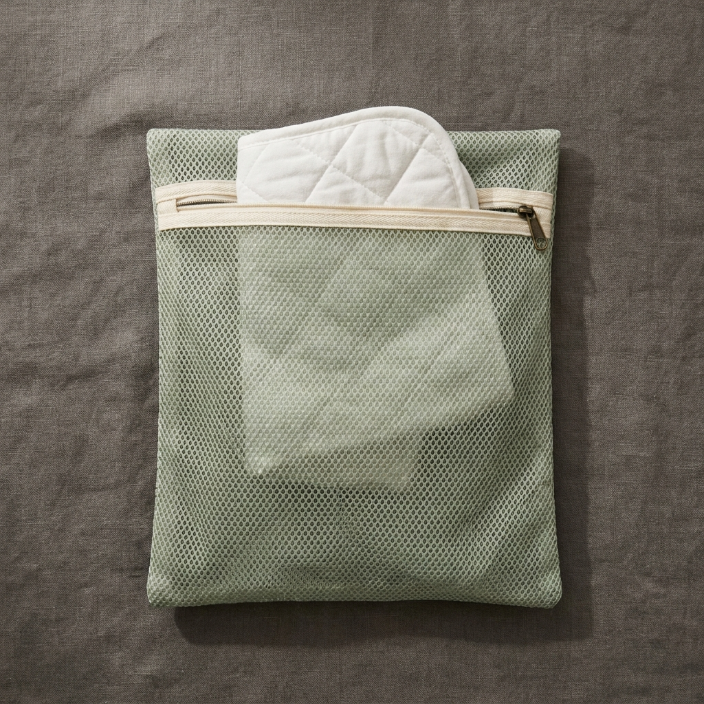 The BESIDE Wash Bag, a sage mesh laundry bag sized for a layer